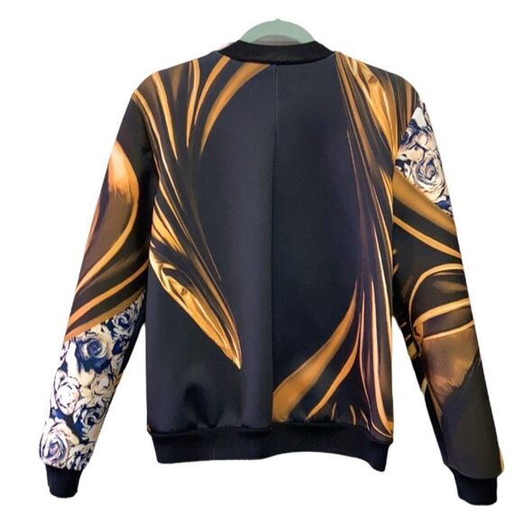 Clover Canyon Neoprene Black Gold Floral Geometric Bomber Jacket Size Small - Picture 2 of 9